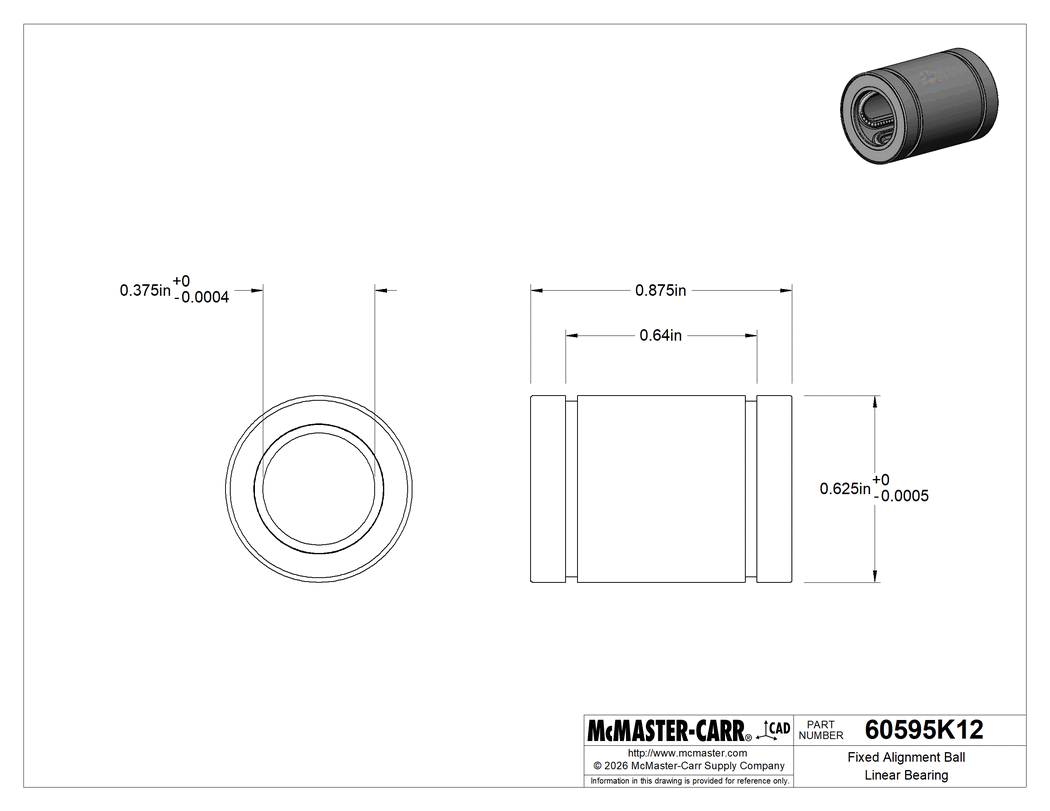 Technical Drawing of Fixed Alignment Ball Linear Bearing, Steel Bearing with Steel Ball, for 3/8" Shaft Diameter, 7/8" Long Overall.